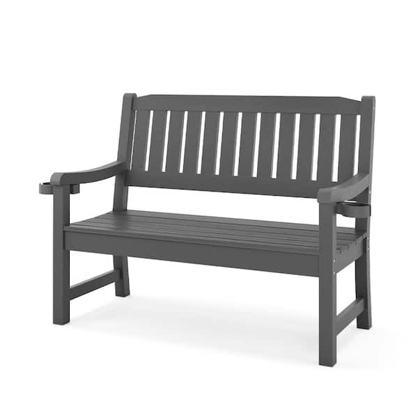 LUE BONA Lowis Dark Grey 2-Person Plastic Outdoor Bench with Cup Holder All-Weather HDPS Garden Bench Waterproof for Backyard