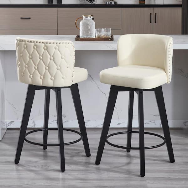Hochwertiges 27.5 in. Beige Faux Leather Upholstered Wooden Counter Height Bar Stool Swivel Counter Stool (Set of 2)