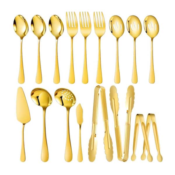 17-Pack Gold Stainless Steel Buffet Serving Set with Serving Spoon, Slotted Spoon, Soup Spoon, Fork, Tong, for Catering