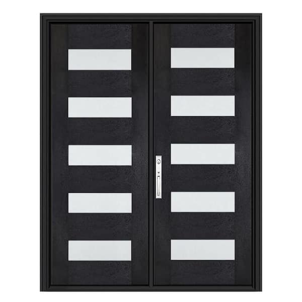 Regency 72 in. x 96 in. 5L Modern Clear Glass RHIS Onyx Stain Fiberglass Double Prehung Front Door w/8011 NKL Lockset