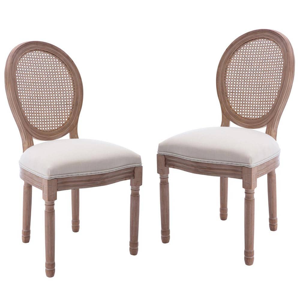 mieres Cassie French Style Beige Fabric Upholstered Natural Rattan Back
