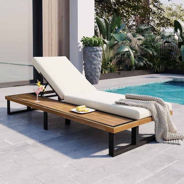Beige Wood Outdoor Chaise Lounge with Beige Cushion, 5-Position Adjustable Backrest & Wood Side Table Set of 2