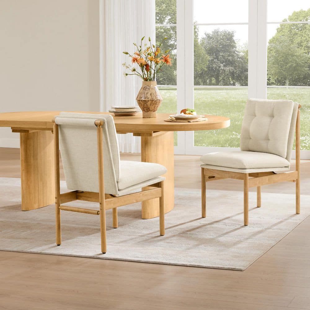 Eleni Linen Natural Fabric Upholstery Mid-Century Tufted Padded Dining Chairs with Wood Frame Set of 2 price history on PriceWatchPro