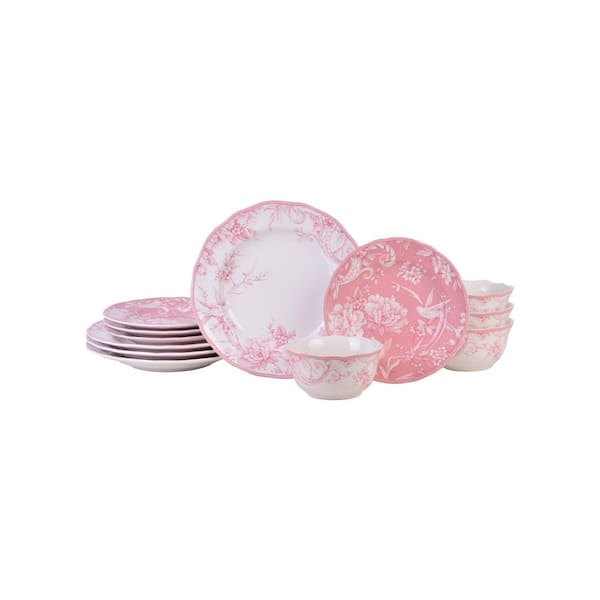 222 Fifth Adelaide Blush 12-Piece Round Porcelain Dinnerware Set (Service for Set for 4)