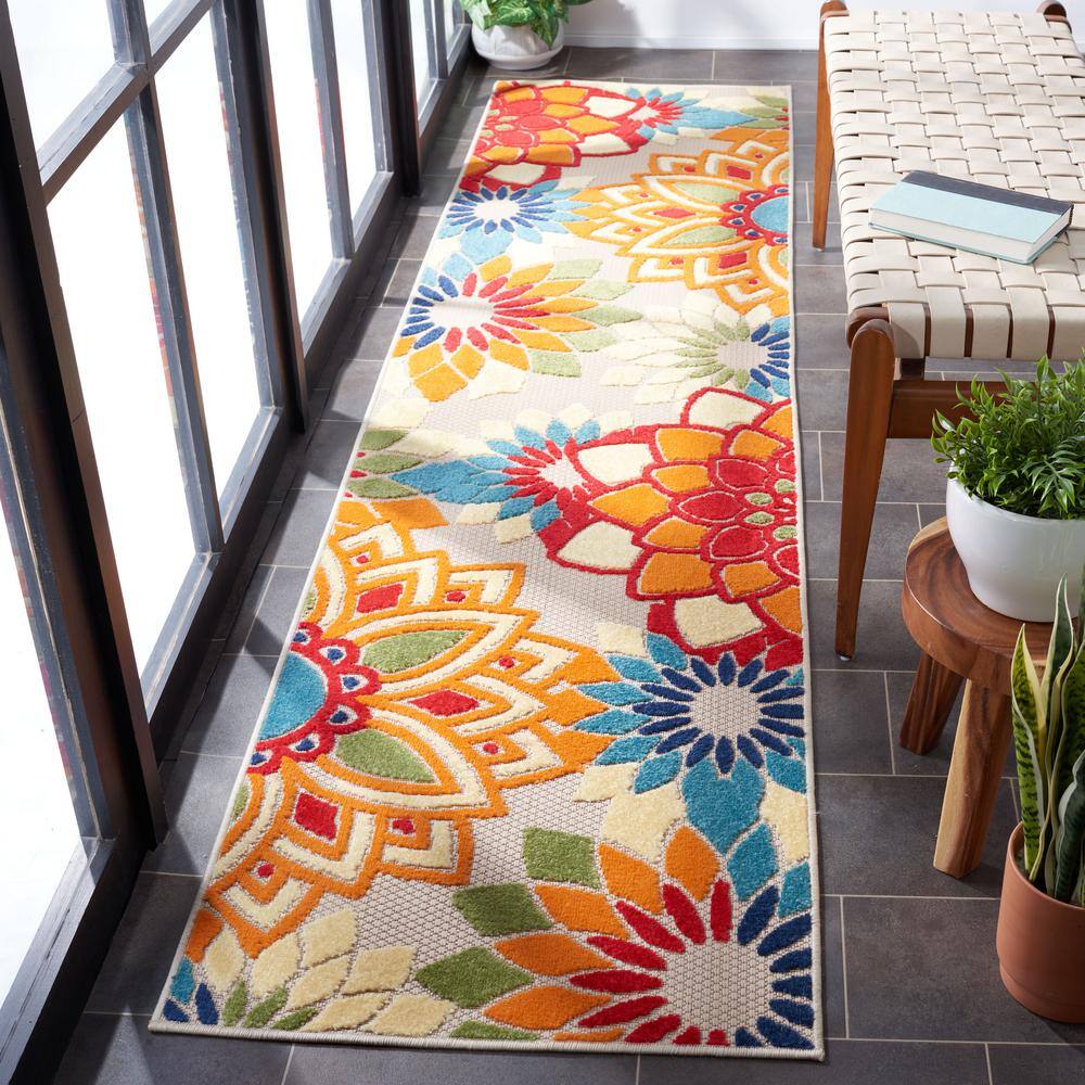 Ivory and Orange Floral Synthetic Runner Rug, 2'2" x 7'