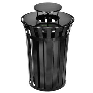 38 Gal. Black Metal Slatted Outdoor Commercial Trash Can Receptacle with Rain Bonnet Lid and Liner