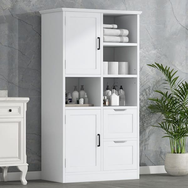 31 in. W x 16 in. D x 62 in. H White MDF Linen Cabinet w/Doors and Drawers in White
