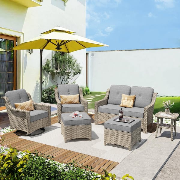 Tulip L Gray 6-Piece Wicker Patio Outdoor Conversation Sofa Set with Swivel Rocking Chairs and Dark Gray Cushions