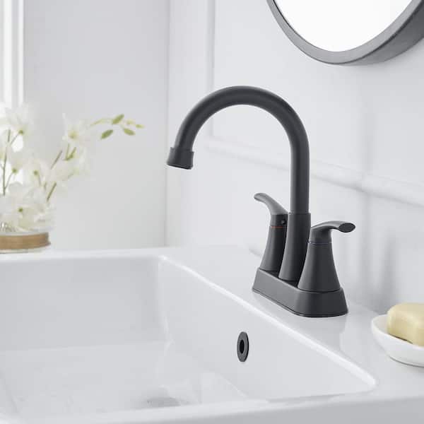 Easy Install 4 in. Centerset Double Handle Spot Resistant Bathroom Faucet with Drain Kit in Matte Black