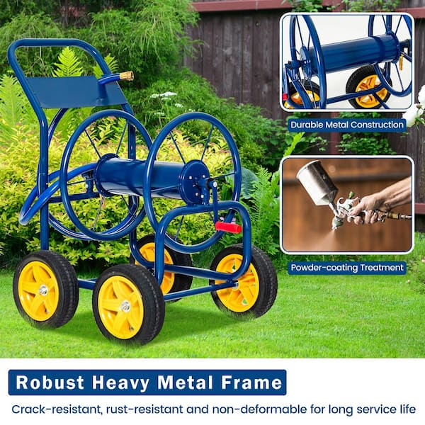 Garden Hose Reel Cart with Wheels, Water Hose Reel Cart Heavy Duty Hose  Reel Holds 300-Feet of 5/8-Inch Hose Metal Hose Reels for Outdoor Yard Lawn