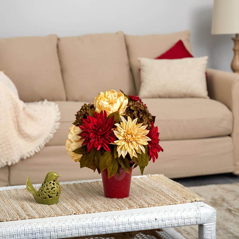 Orange Artificial Flowers in Vase Set Realistic Hydrangea Gold Ceramic Vase  Home Decor