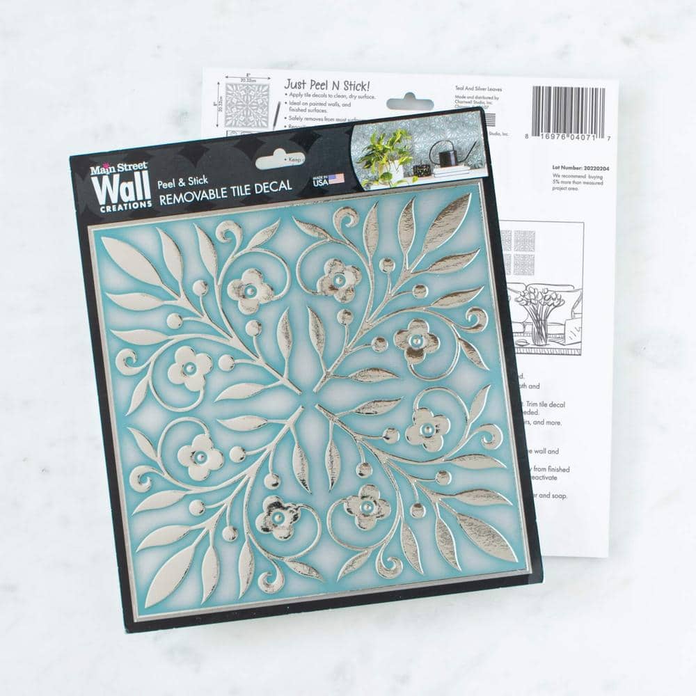 Teal and Silver Floral Metallic Peel and Stick Wallpaper Tiles