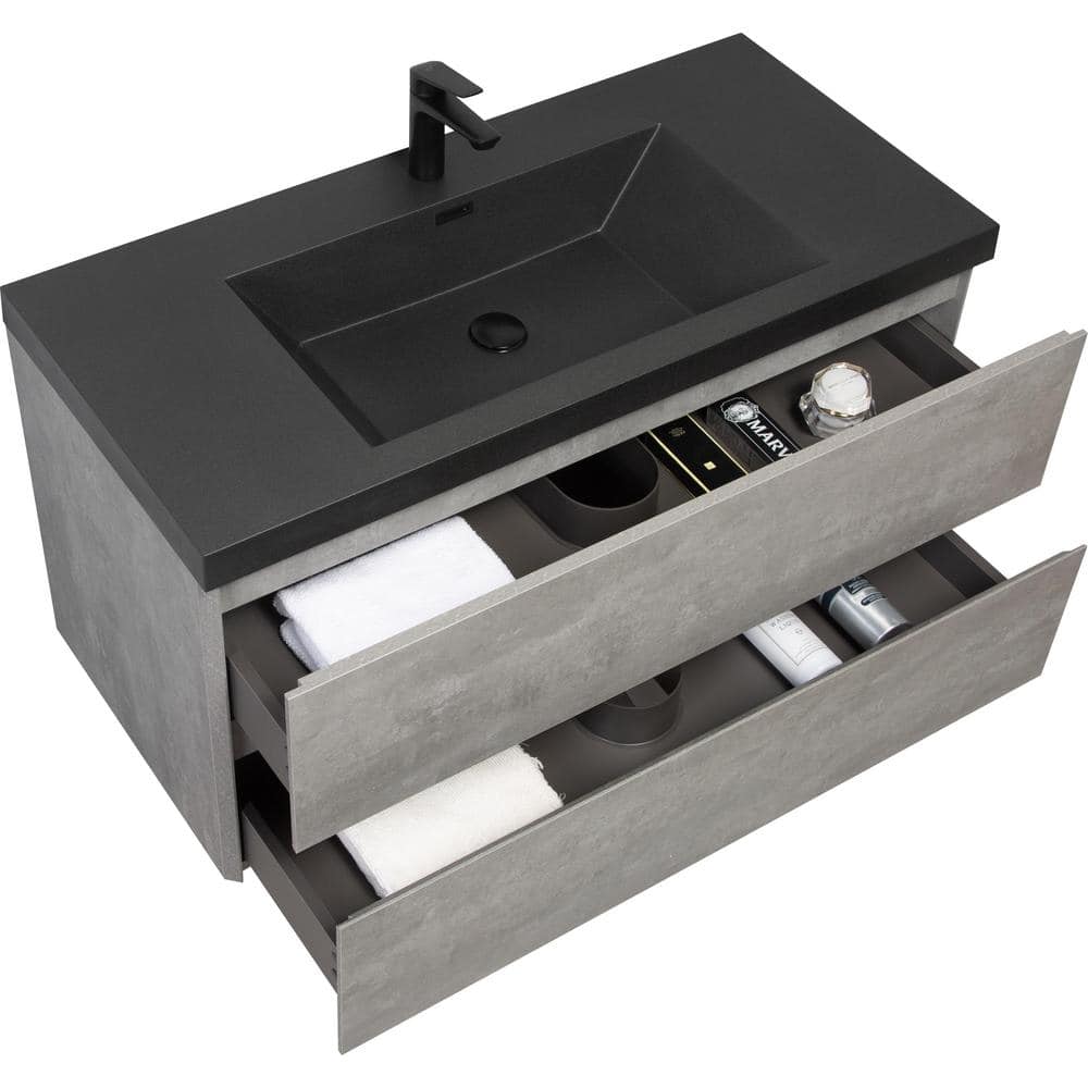 42" Gray and Black Quartz Floating Bathroom Vanity with Sink