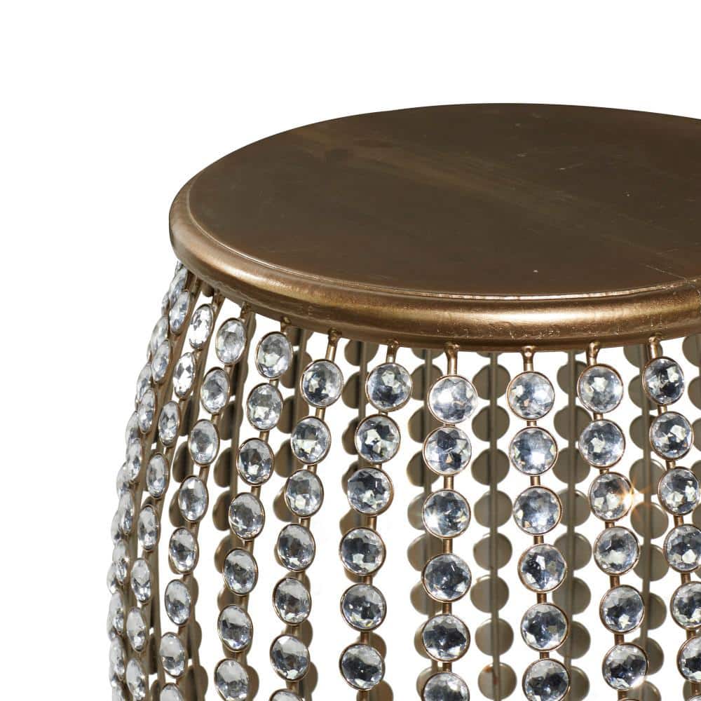 Elegant Gold 20" Round Wood & Metal Accent Table with Crystal Embellishments