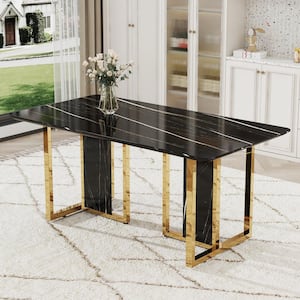 Modern Black/Gold Faux Marble Top 67.00 in. W Rectangle Pedestal Dining Table, Versatile Pairing, Seats 6