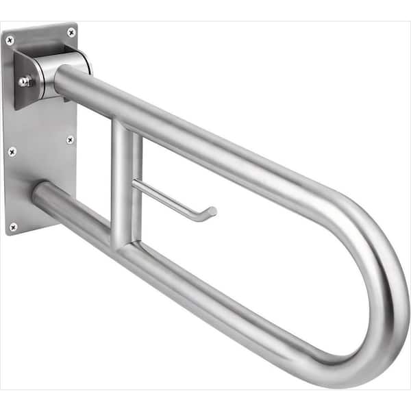 29.5 in. Stainless Toilet Safety Rails with Paper Holder, Disabled Flip-Up Bathroom Grab Bar for Elderly, Silver