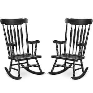 Wood Outdoor Rocking Chair Porch Rocker Indoor Outdoor Seat Glossy Black (Set of 2)