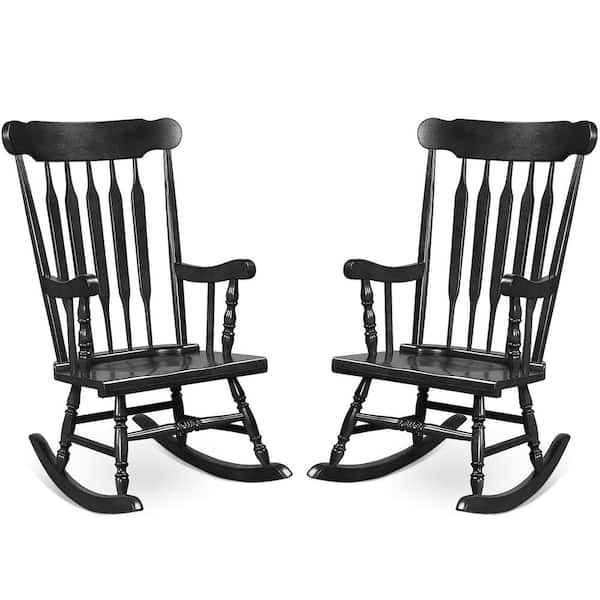 Wood Outdoor Rocking Chair Porch Rocker Indoor Outdoor Seat Glossy Black (Set of 2)