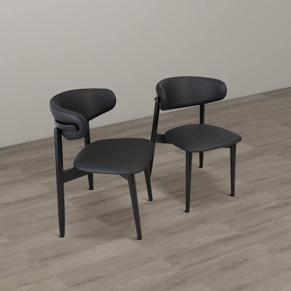 Black Faux Leather Upholstered Side Chairs with Wooden Legs (Set of 2)
