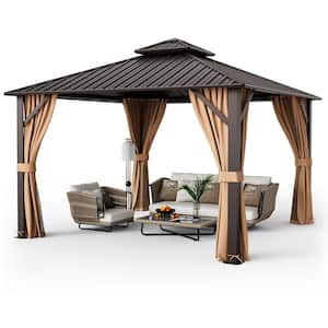 12 ft. x 12 ft. Tan Double-Roof Hardtop Gazebo with Galvanized Steel Roof Netting Curtains