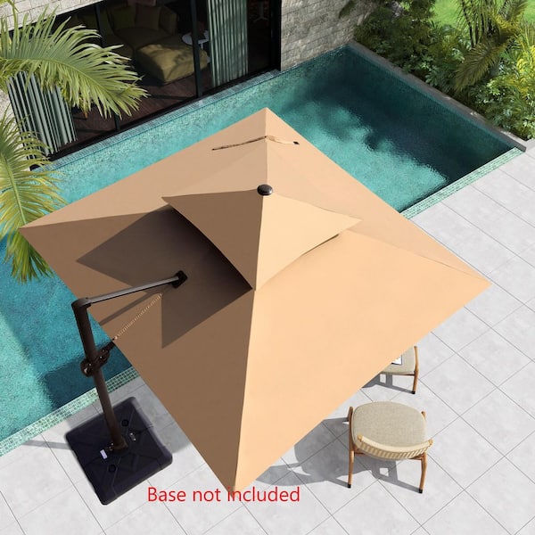Pellebant 10 ft. Square Aluminum Double Top Adjustable Tilt Cantilever 360° Swivel Tilt Patio Umbrella in Tan with No Base