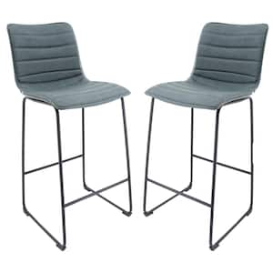 Brooklyn 29.9" Modern Leather Bar Stool With Black Iron Base & Footrest Set of 2 in Peacock Blue