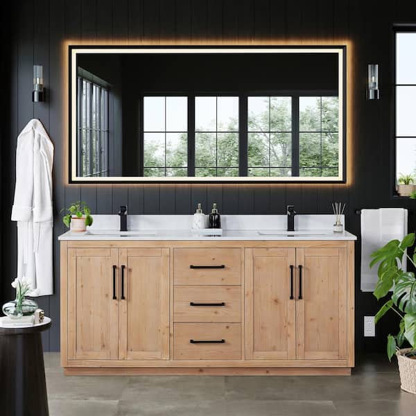 Altair Cicero 72 in. W x 22 in. D x 33 in. H Double Sink Bath Vanity in Brown with White Engineered Stone Top and Mirror