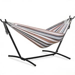 Free Standing Double Hammock with Stand Portable Space Saving Hammock Bed Steel Stand with Carrying Bag in Coffee Stripe