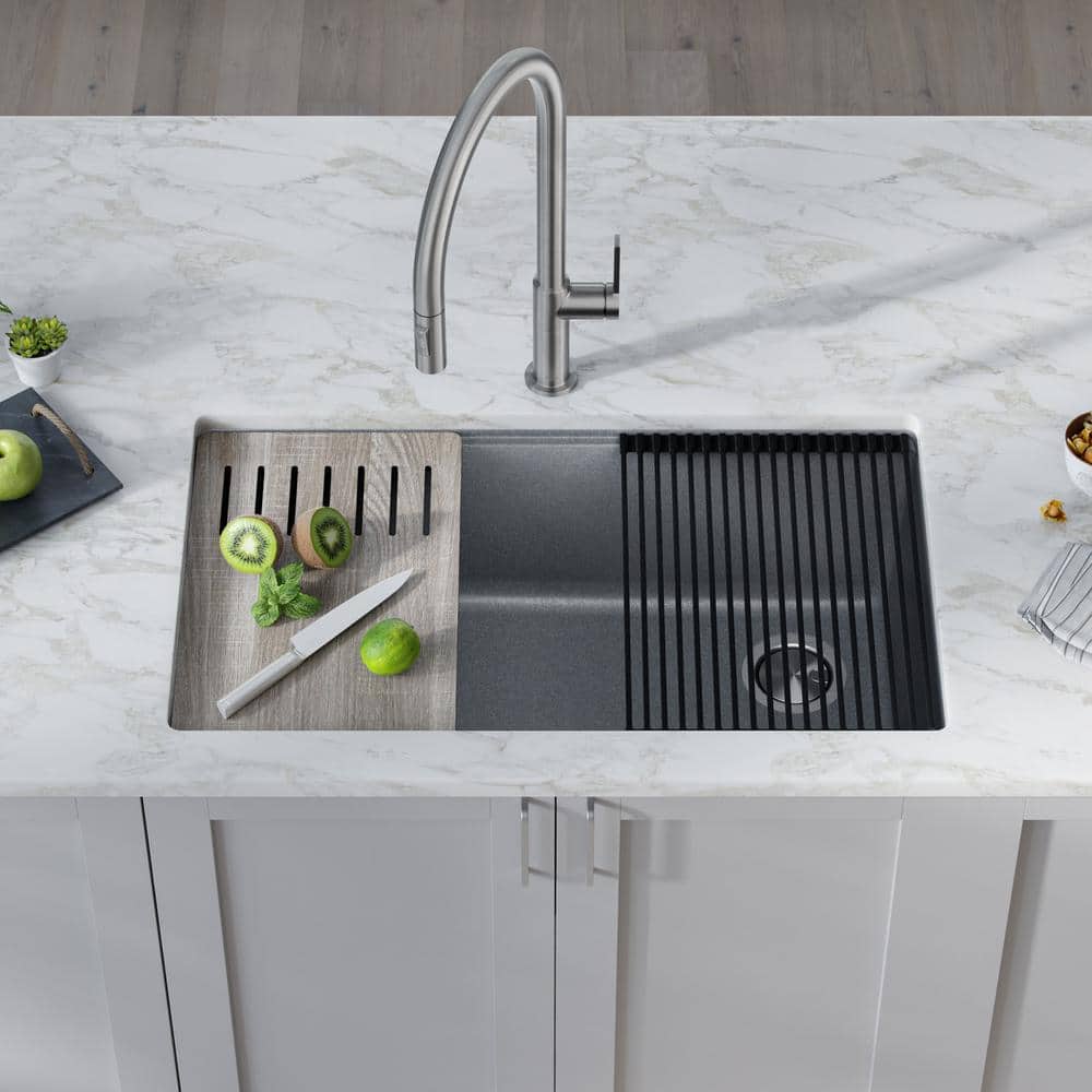 Metallic Gray Quartz Composite Single Bowl Drop-In Kitchen Sink