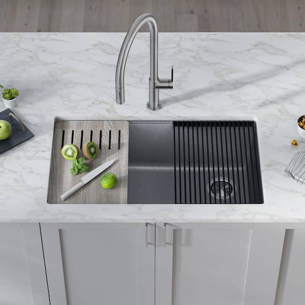 Bellucci Gray Granite Composite 32 in. Single Bowl Undermount Workstation Kitchen Sink with Accessories