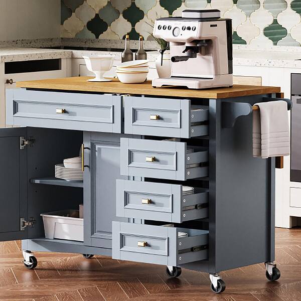 Coporesell Blue Grey Oak Veneer Kitchen Cart with Drop Leaf and