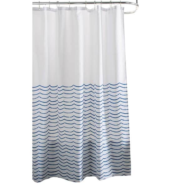 m MODA at home enterprises ltd. 71 in. x 71 in. White and Blue Waves Shower Curtain Polyester