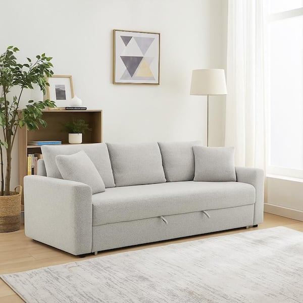 Conan 89 in. Square Arms Fabric Rectangle Convertible Sleeper Sofa in Beige with 2 Accent Pillows