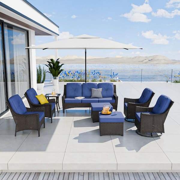 Brown 8-Piece Wicker Patio Conversation Set with Swivel Rocking Chairs, Outdoor Sofa Seating Set with Blue Cushions