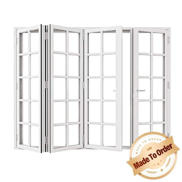 144 in. x 96 in. Left Swing/Outswing Double Tempered Glass White Aluminum Folding Patio Door