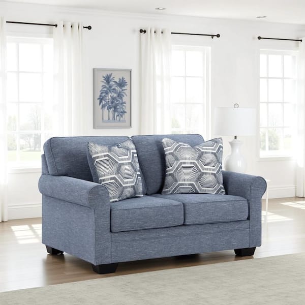 Sano 63 in. Denim Blue Polyester 2-Seater Loveseat with 2-Accent Throw Pillows