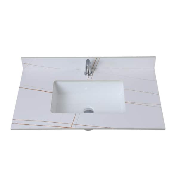 OLUMAT 37 in. W x 22 in. D Engineered Stone Composite White Rectangular Single Sink and Bathroom Vanity Top in White