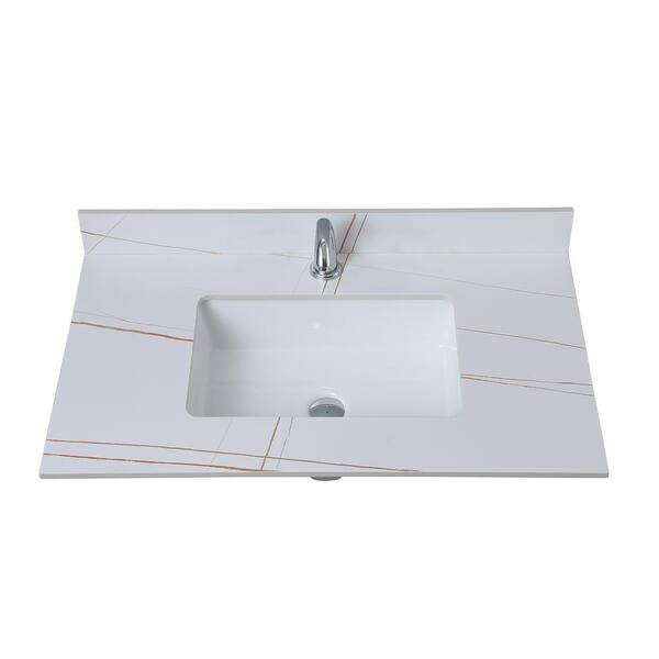 Xzkai 37 in. W x 22 in. D Engineered Stone Composite White Rectangular Single Sink and Bathroom Vanity Top in White