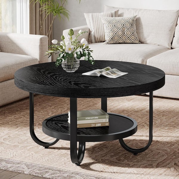 BYBLIGHT Allan 31.1 in. Black Round MDF Coffee Table with Storage Shelves and Adjustable Foot Pads