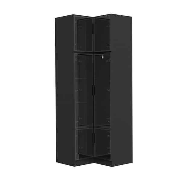 FUFU&GAGA Black Wood 35.4 in. W 2-Door Corner Wardrobe Armoires Storage Display Cabinet with Glass Doors, Hanging Rod, LED Lights