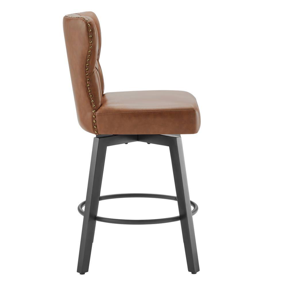 Brown Faux Leather Swivel Counter Height Bar Stools with Wood Frame, Set of 2