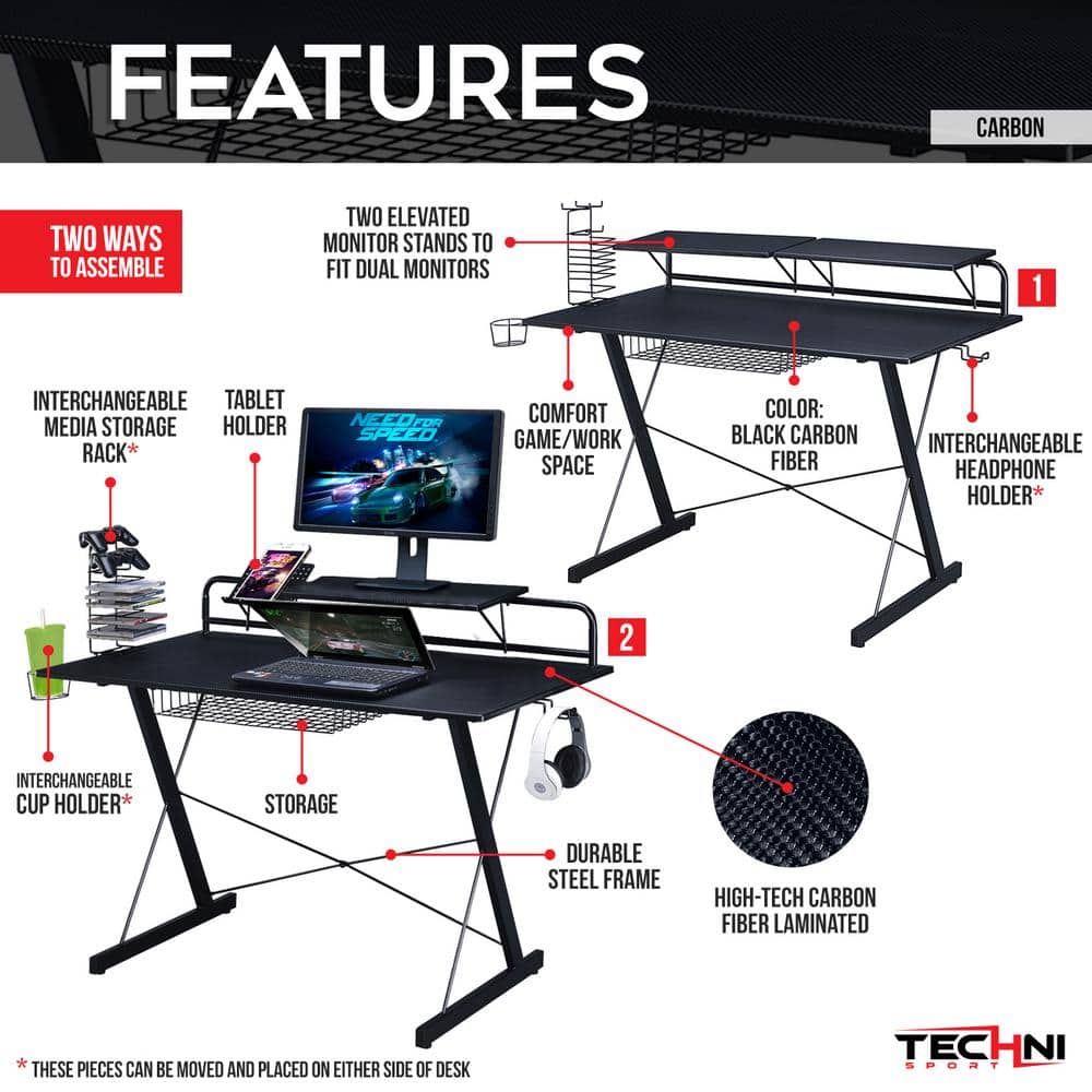 Black Carbon Fiber Gaming Desk with Drawer and Cup Holder