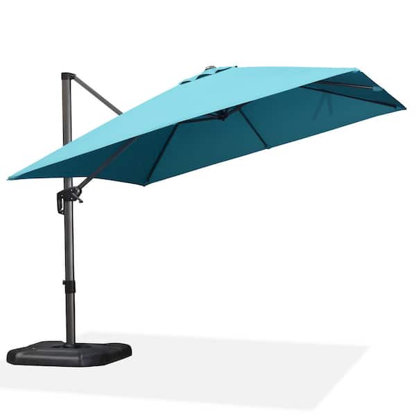 PURPLE LEAF 10 ft. Square Aluminum Large Outdoor Cantilever 360-Degree Rotation Patio Umbrella with Base in Ground, Turquoise Blue
