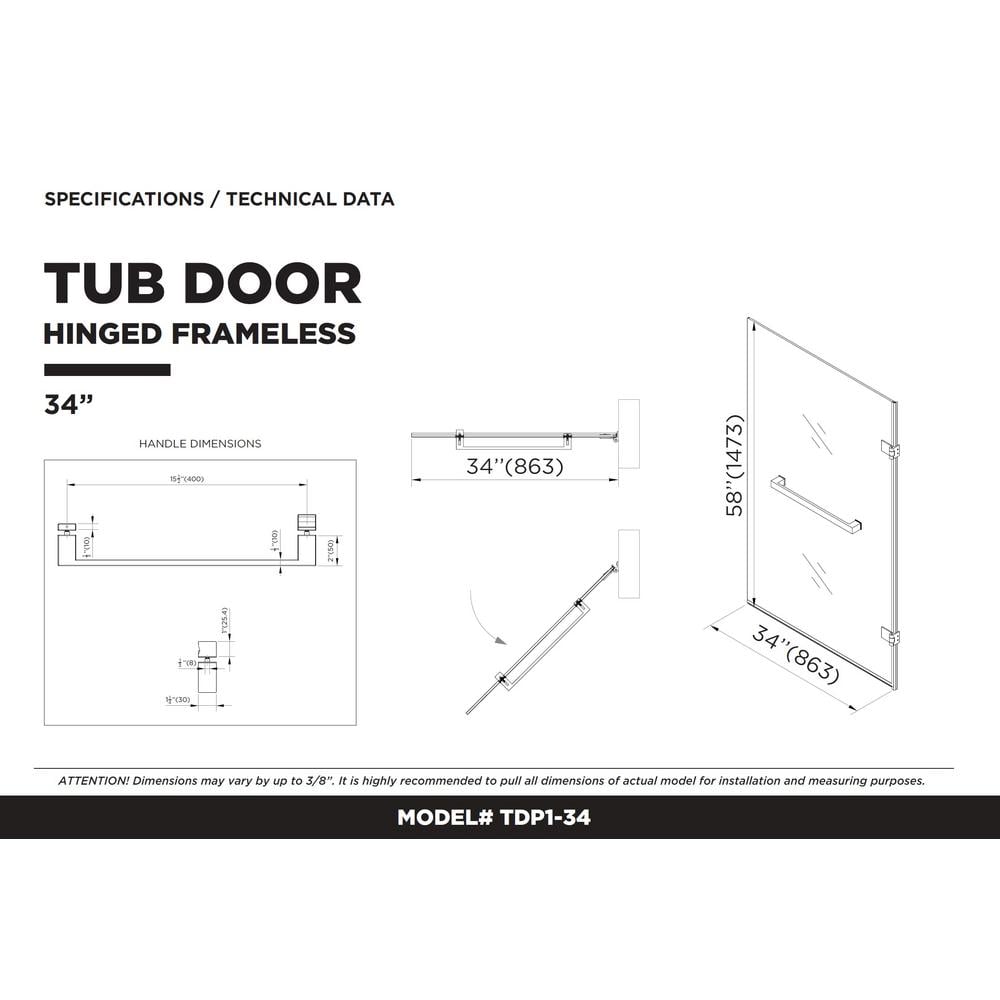 34'' W x 58'' H Black Frameless Glass Tub Door