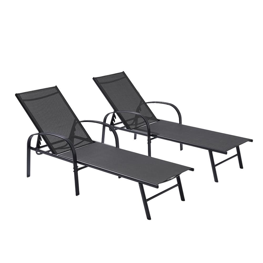 2-Piece Metal Outdoor Recliner with Black Fabric