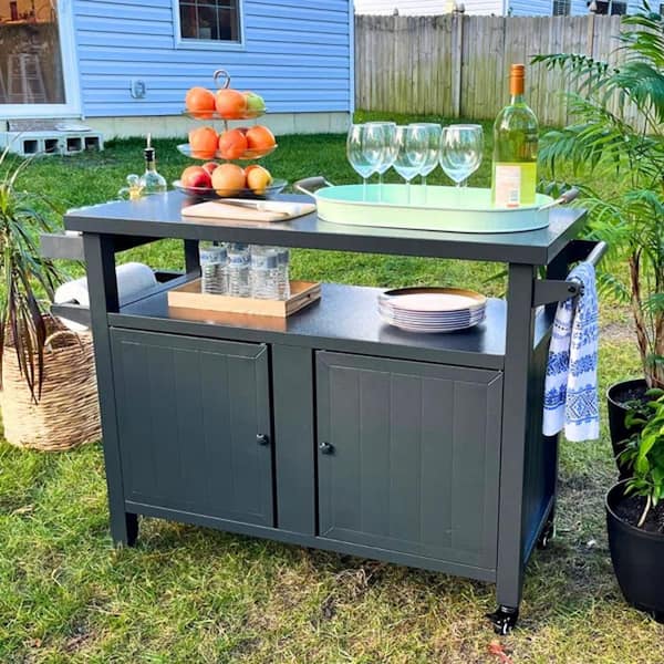 Unbranded 51 in. Grey Metal Outdoor Grill Cart Kitchen Dining Table Cooking Prep BBQ Table for Patio with Shelf Hooks