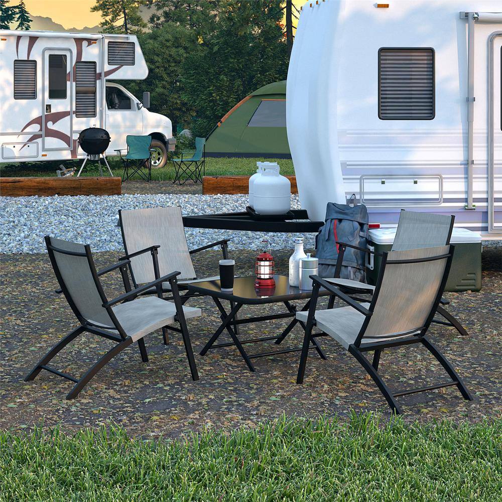 Beige and Black Steel 5-Piece Folding Sling Patio Chat Set