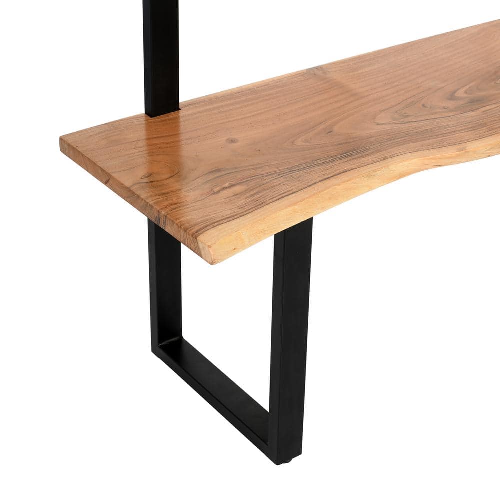 Natural Acacia Wood Hall Tree with Metal Hooks and Shelves