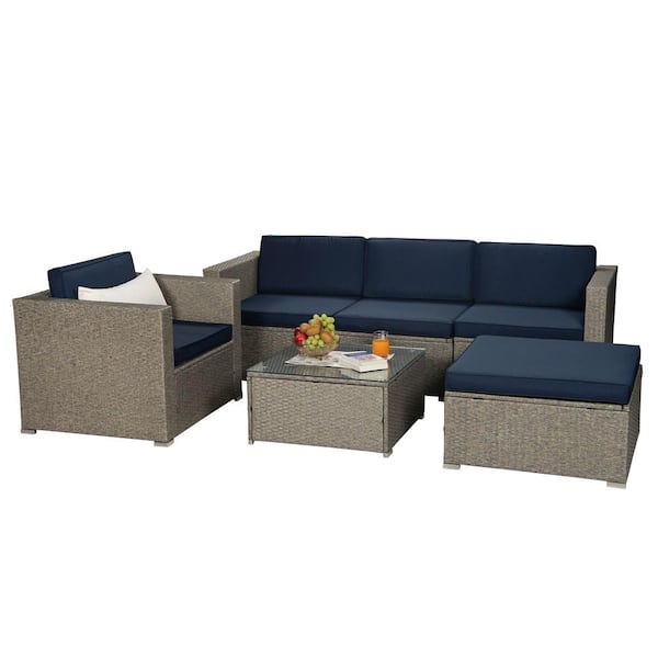 maocao hoom Gray 6-Piece Wicker Outdoor Patio Sectional Set with Navy Blue Cushions
