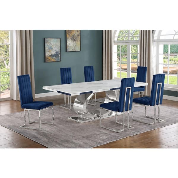 Best Quality Furniture Ibraim 7-Piece Rectangle White Marble Top Stainless Steel Base Dining Set With 6 Navy Blue Velvet Chrome Iron Chairs